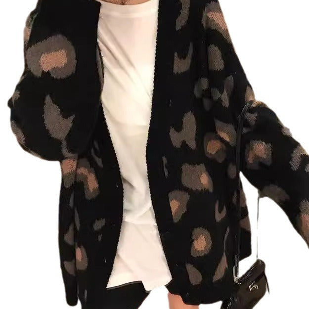 Damen Strickcardigan mit auffälligem Leopardenmuster und großzügigem Schnitt EB