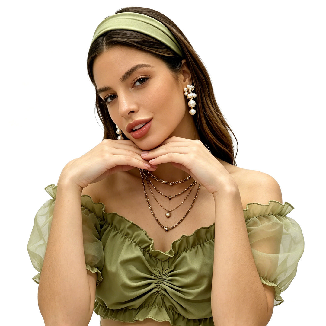 Damen nan gerafftes Crop Top mit Carmenausschnitt und transparenten Organzaärmeln EB
