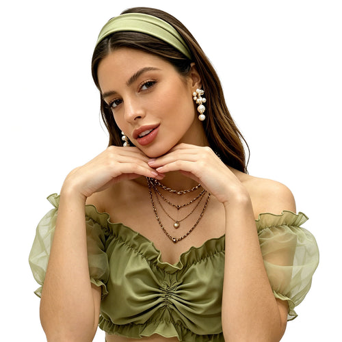Damen nan gerafftes Crop Top mit Carmenausschnitt und transparenten Organzaärmeln EB