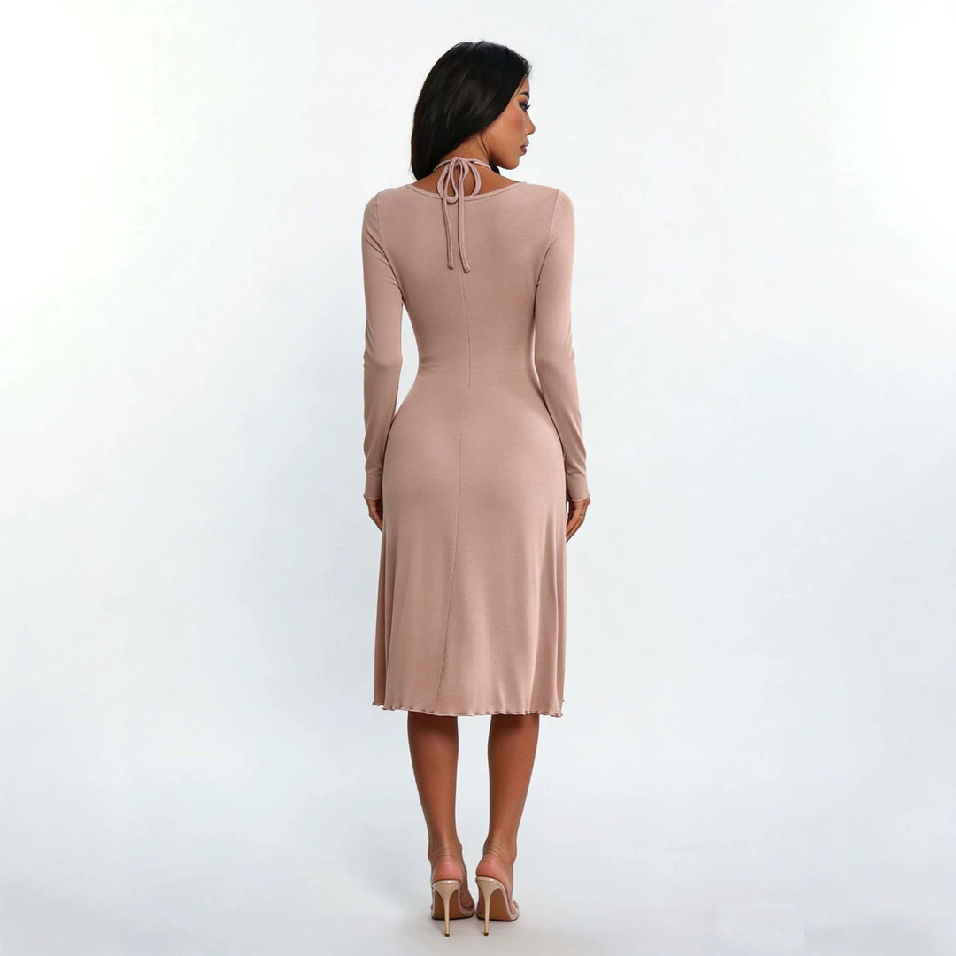 Damen gerafftes A-Linien Midikleid mit gekreuzten Trägern, figurformender Brustpartie und langen Ärmeln Eichborn Berlin