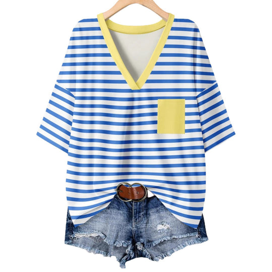 Damen lässiges V-Neck T-Shirt mit Streifen-Design EB