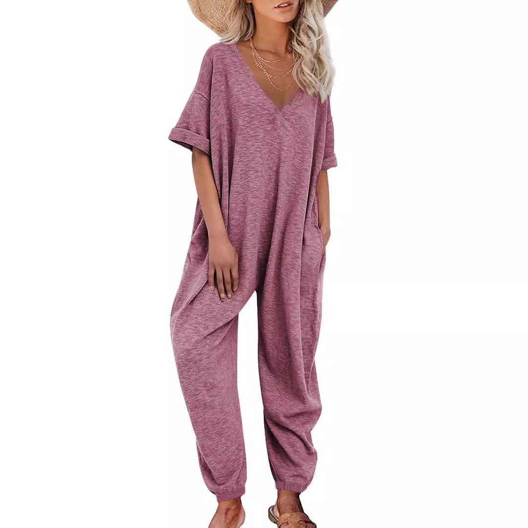 Damen Oversized Jumpsuit mit tiefem V-Ausschnitt und lässigen Taschen EB