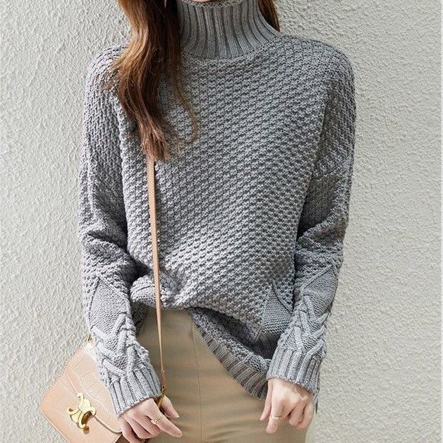 Damen Grobstrickpullover mit hohem Kragen und strukturiertem Design EB