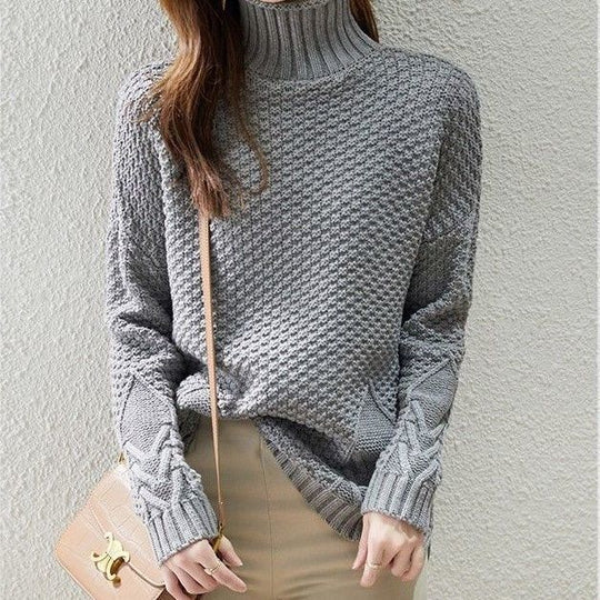 Damen Grobstrickpullover mit hohem Kragen und strukturiertem Design EB