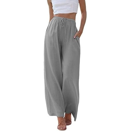 Damen nan weite Leinenhose mit elastischem Bund Kordel und Seitentaschen EB