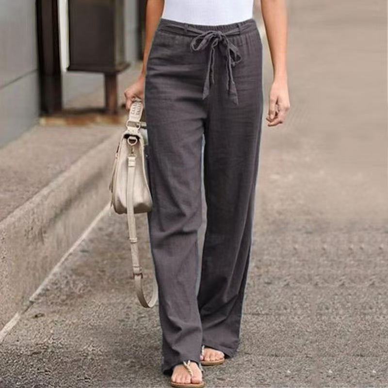 Damen Weite Lounge-Hose mit hohem Gummibund und dekorativem Bindeband EB