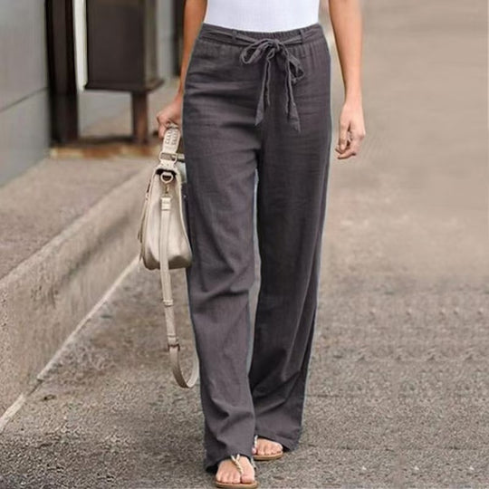 Damen Weite Lounge-Hose mit hohem Gummibund und dekorativem Bindeband EB