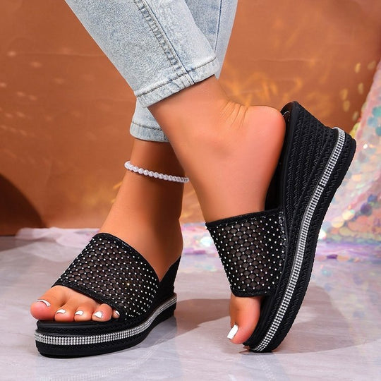 Damen glamouröse Wedge-Pantoletten mit funkelnden Strass-Applikationen EB