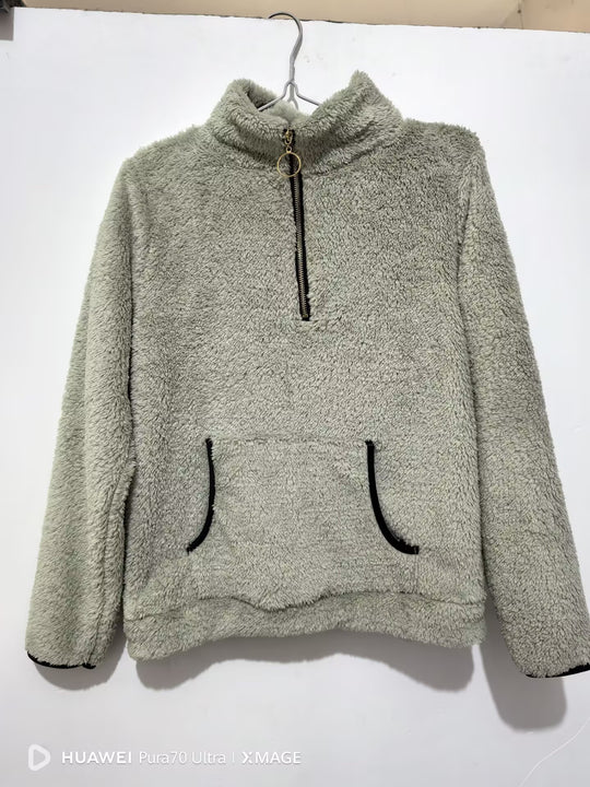 Damen nan kuscheliger Teddy-Fleece Pullover mit halbem Reißverschluss und Kängurutasche EB