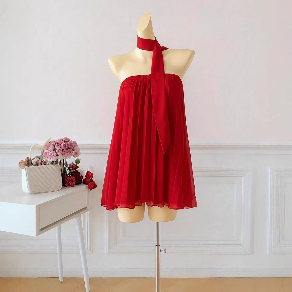 Damen kurzes Sommerkleid mit elegantem Bindegürtel und fließendem Design EB