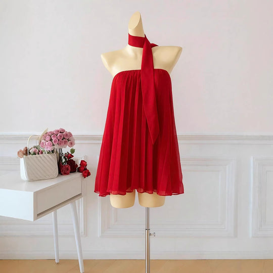 Damen kurzes Sommerkleid mit elegantem Bindegürtel und fließendem Design EB