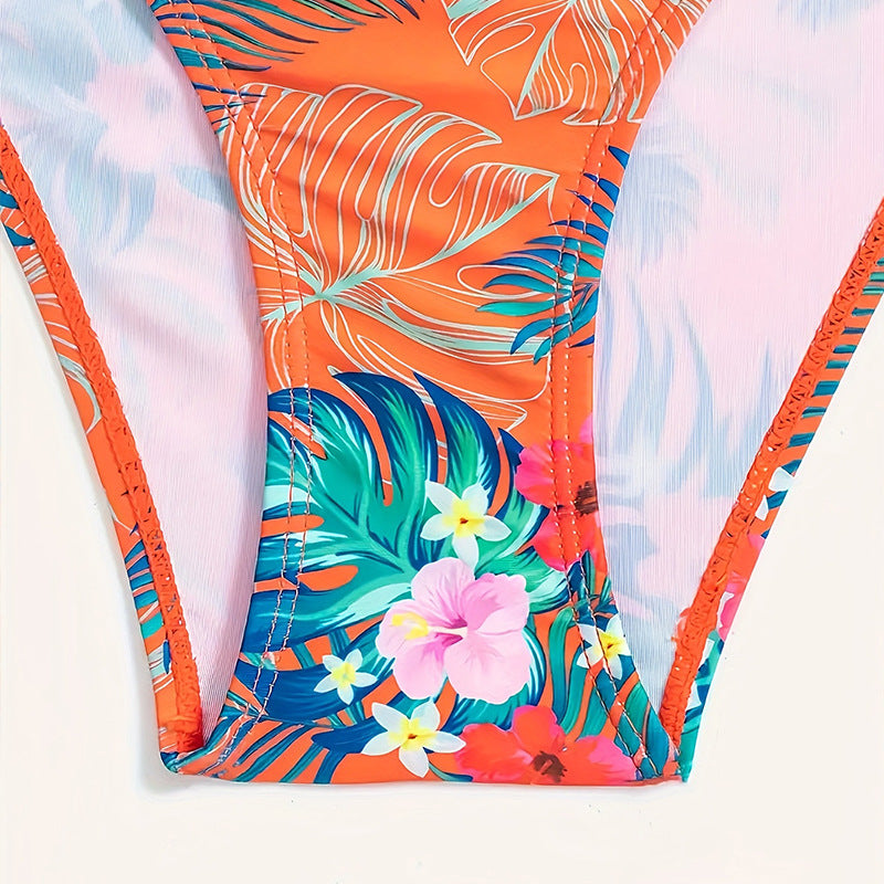 Damen Bandeau-Bikini mit tropischem Muster und elastischem Unterteil EB