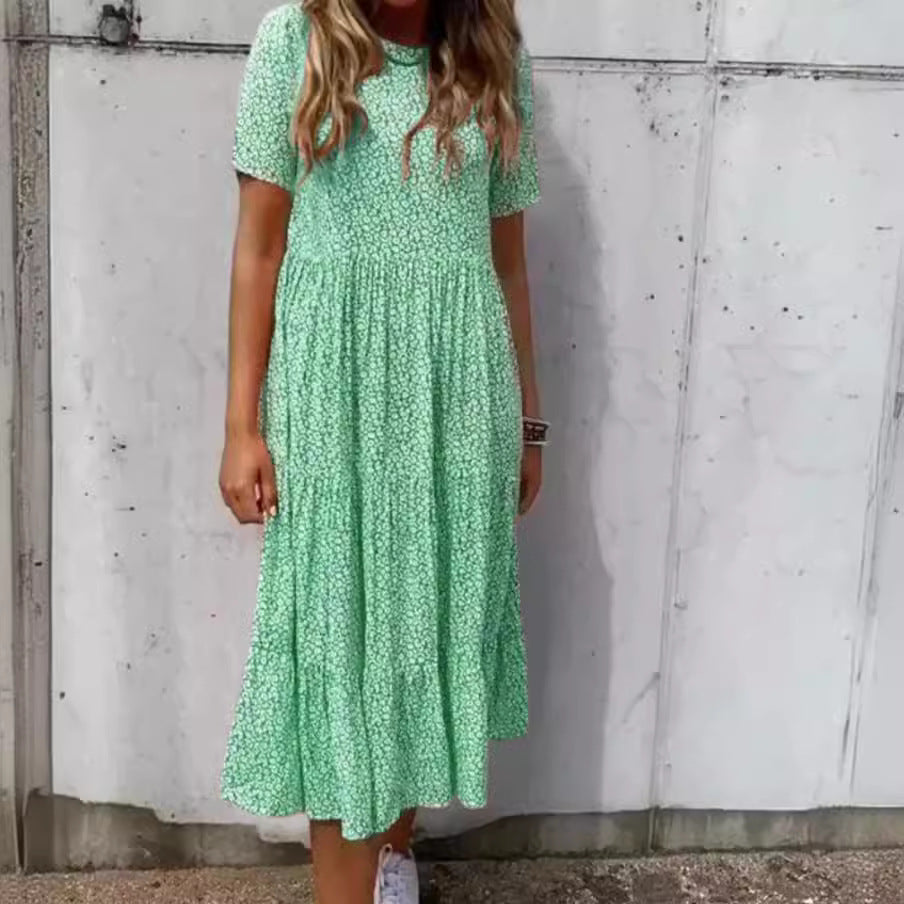 Damen nan geblümtes gekrepptes Midikleid mit geraffter Empire-Taille, kurzen Ärmeln und stufigem Volantrock EB