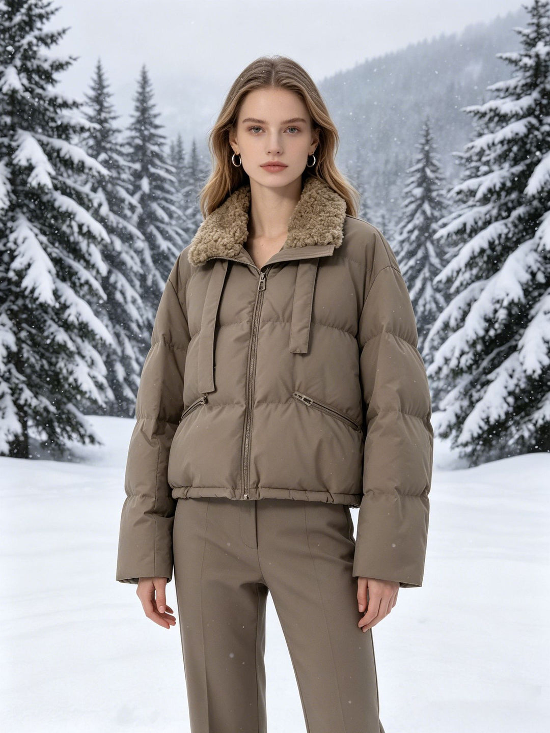Damen nan cropped wattierte Jacke mit Sherpa-Kragen, hochschließendem Stehkragen und verdecktem Reißverschluss EB