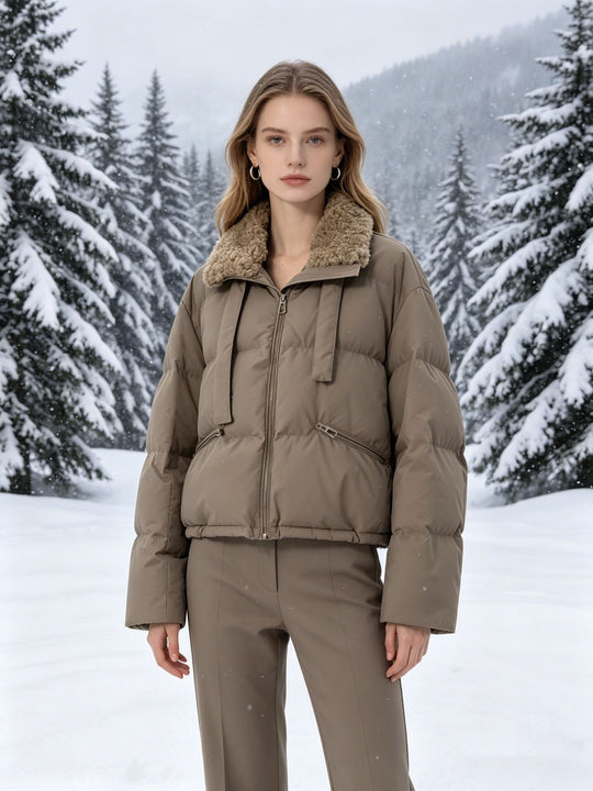 Damen nan cropped wattierte Jacke mit Sherpa-Kragen, hochschließendem Stehkragen und verdecktem Reißverschluss EB