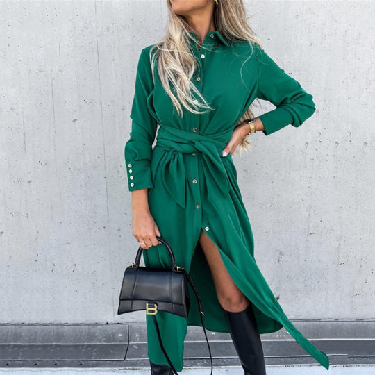 Damen Hemdblusenkleid mit Bindegürtel und seitlichem Schlitz EB