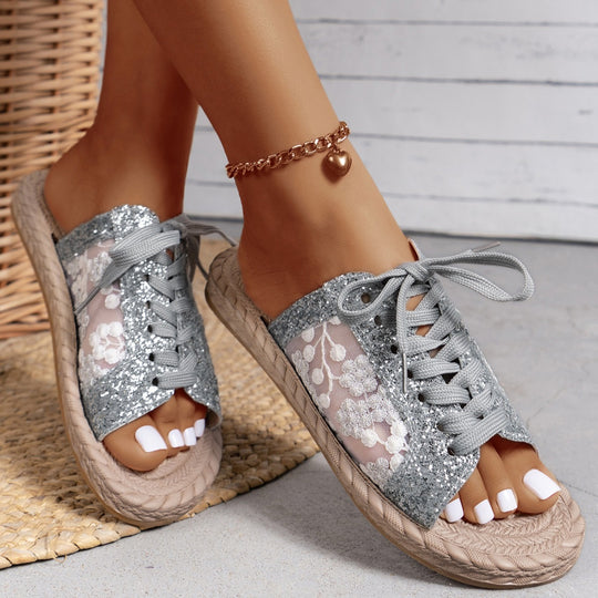 Damen Modische Zehentrenner-Pantoletten mit glitzernden Akzenten und floralen Details EB