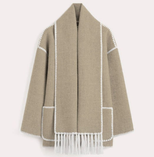 Damen Oversized Strickjacke mit Fransen und Taschen EB