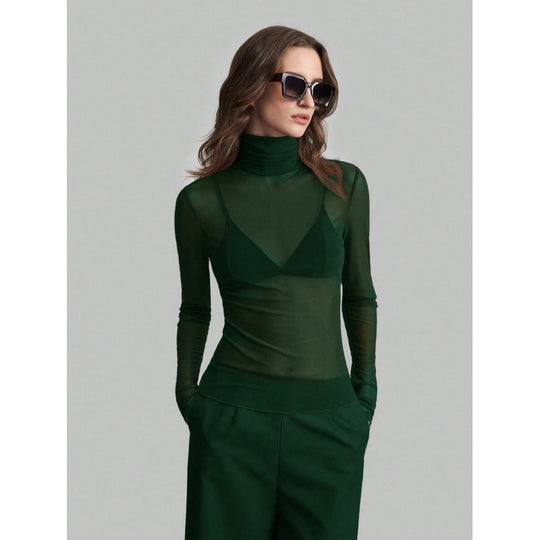 Damen Elegantes langärmliges transparentes Oberteil mit hohem Kragen EB
