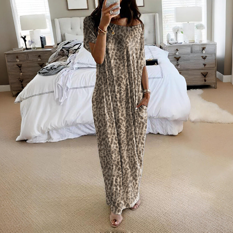 Damen Lockere Maxikleid mit Animal-Print und Seitentaschen EB