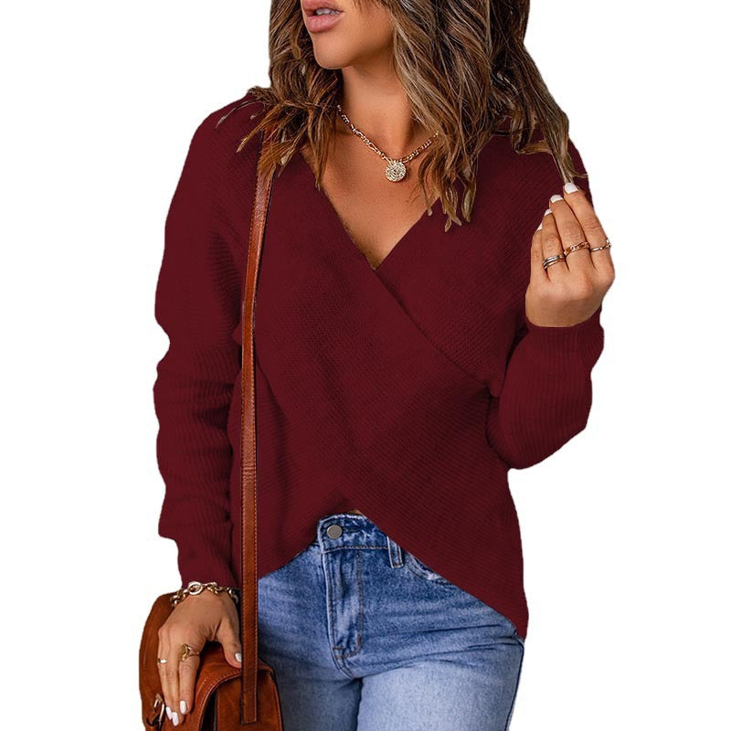 Damen Wickelstrickpullover mit V-Ausschnitt und strukturierter Oberfläche EB