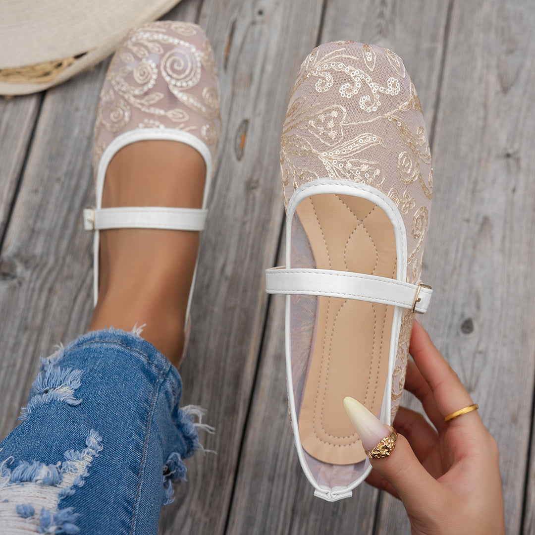 Damen elegante Ballerinas mit floralen Applikationen und rutschfester Sohle EB