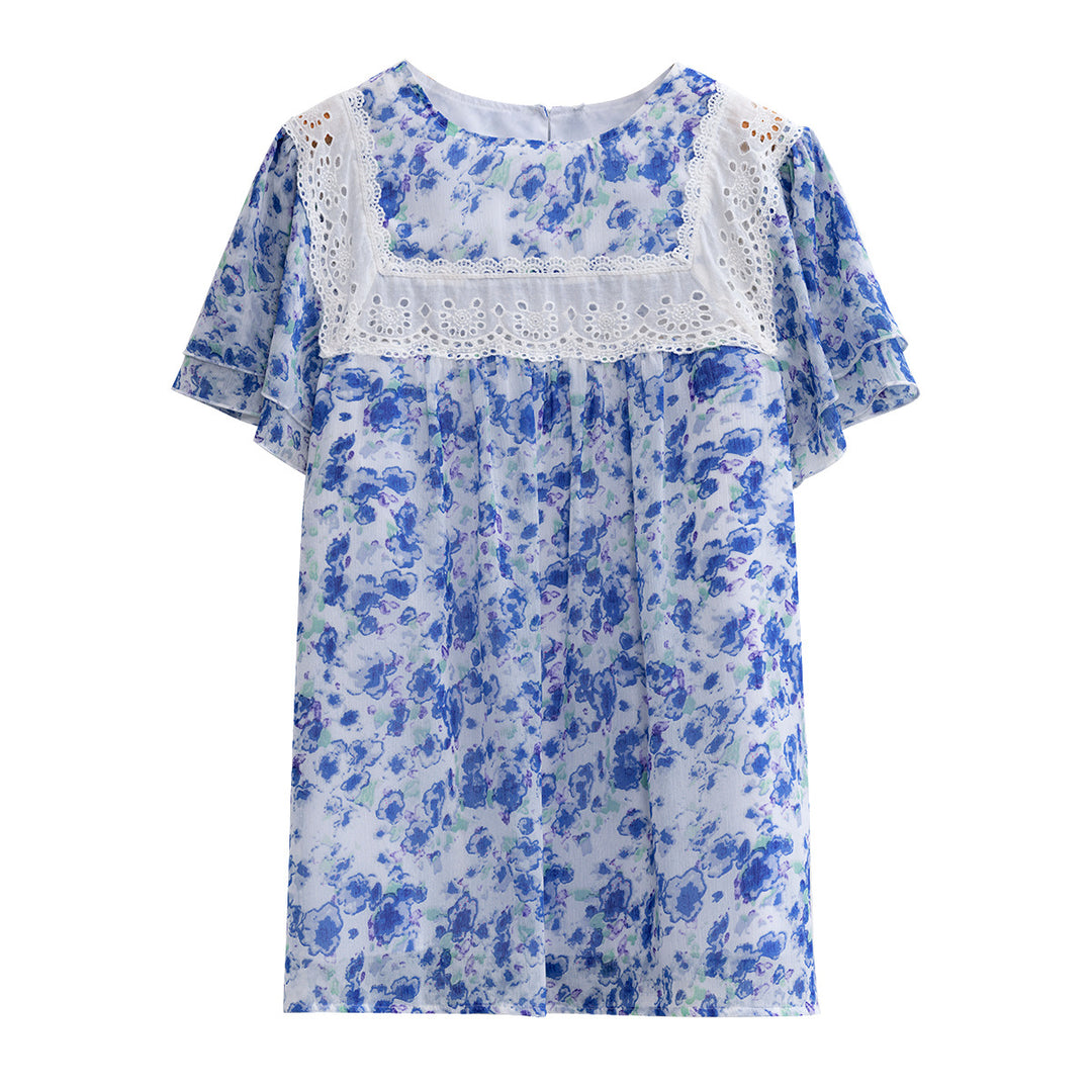 Damen Blumenmuster-Bluse mit Spitzenbesatz EB
