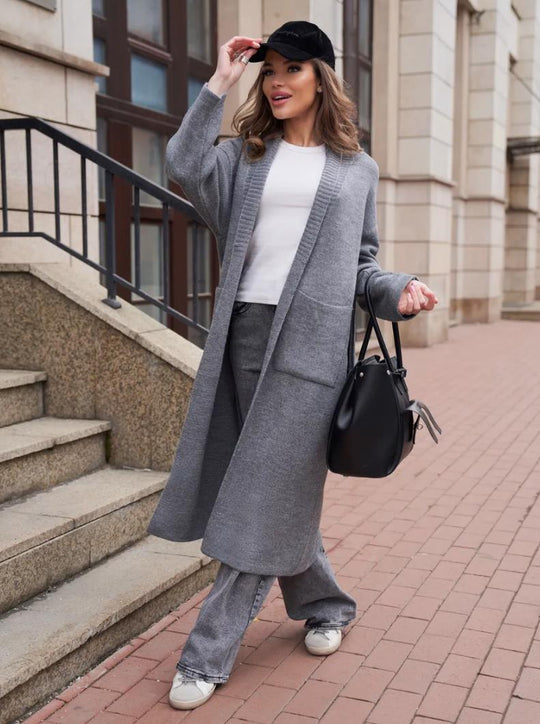 Damen Strickmantel mit tiefem V-Ausschnitt und großen Taschen EB