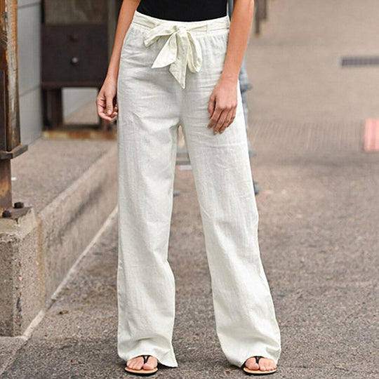 Damen Weite Lounge-Hose mit hohem Gummibund und dekorativem Bindeband EB