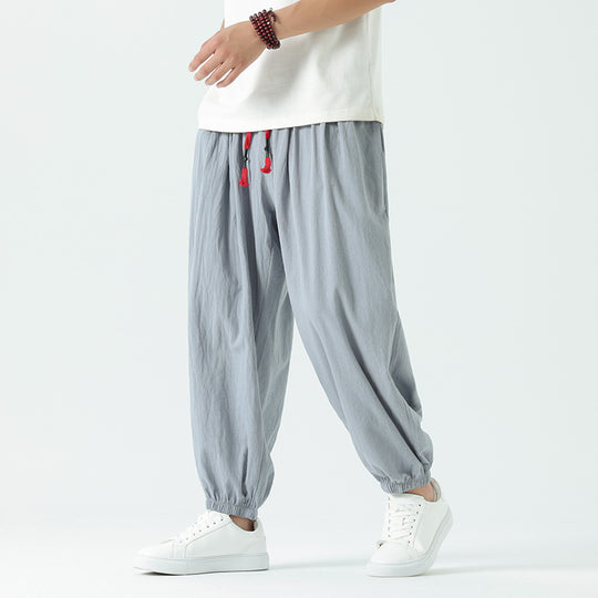 Herren nan locker geschnittene Leinen-Baumwoll Hose mit Kordelzug und elastischen Bündchen EB