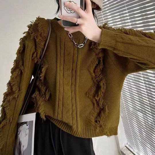 Damen Grobstrickpullover mit fransigen Details und lässigem Schnitt EB