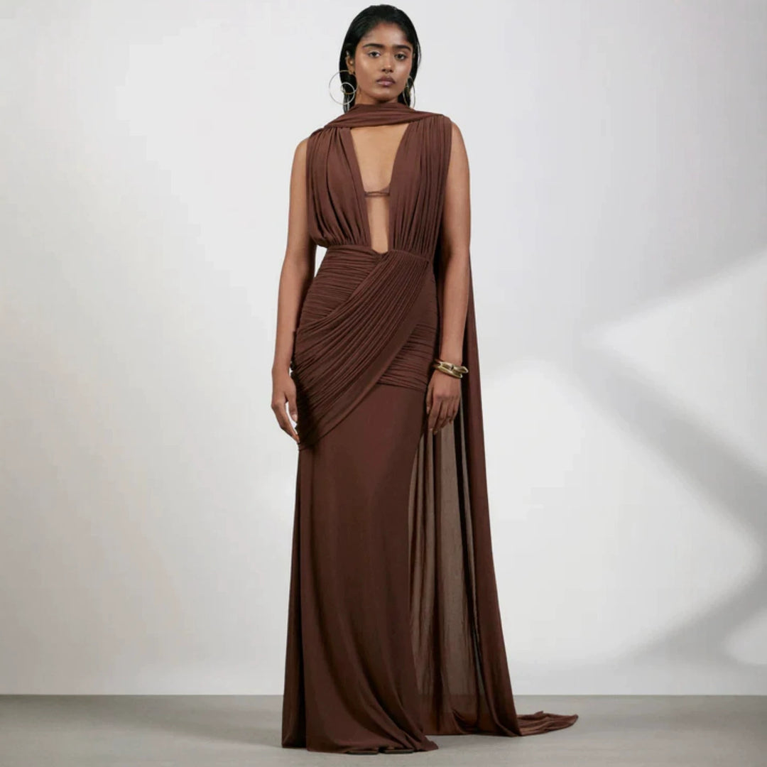 Damen bodenlanges Wickelkleid mit raffinierten Drapierungsdetails und elegantem V-Ausschnitt EB