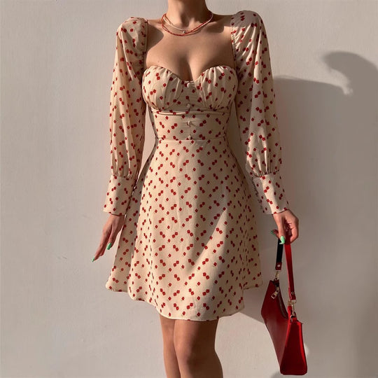 Damen Puffärmel Kleid mit romantischem Blumenmuster und herzförmigem Ausschnitt EB