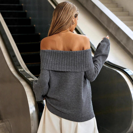 Damen Off-Shoulder-Strickpullover mit weichem Material und voluminösen Ärmeln EB