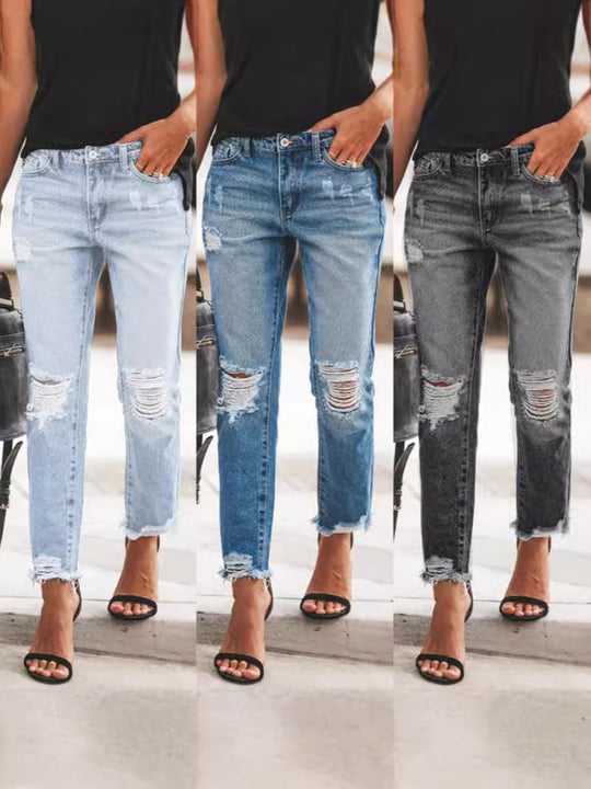 Damen Ripped Denim-Jeans mit lässigem Schnitt und ausgefranstem Saum EB
