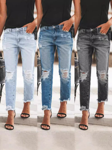 Damen Ripped Denim-Jeans mit lässigem Schnitt und ausgefranstem Saum EB