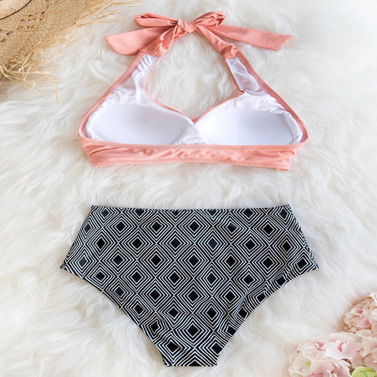 Damen High-Waist Bikini-Set mit elegantem Wickeldesign und modischem geometrischem Muster EB