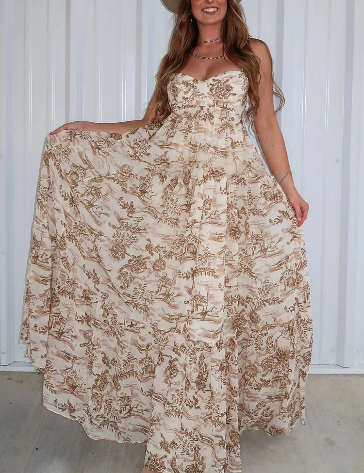 Damen nan trägerloses Maxikleid mit herzförmigem Bustier, geraffter Empire-Taille und weichem Stufenrock EB