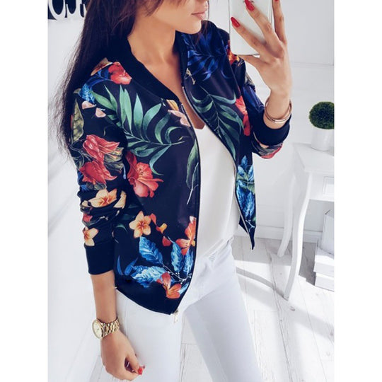 Damen Leichte Bomberjacke mit floralem Allover‑Print, Reißverschluss und Rippbündchen EB