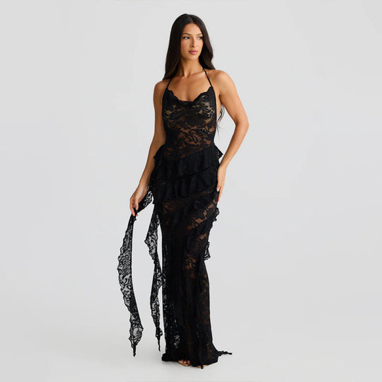 Damen verführerisches Spitzenkleid mit asymmetrischem Saum und Rüschendetails EB