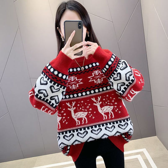 Damen Grobstrickpullover mit festlichem Rentiermotiv und modernem Design EB