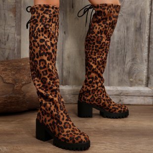 Damen Überknee-Stiefel mit modischem Leopardenmuster und robustem Blockabsatz EB