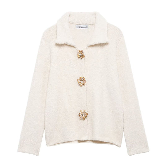 Damen Teddyjacke mit eleganten Blumenknopfdetails EB
