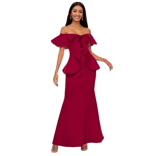 Damen elegantes Abendkleid mit schulterfreiem Design und voluminösem Saum EB