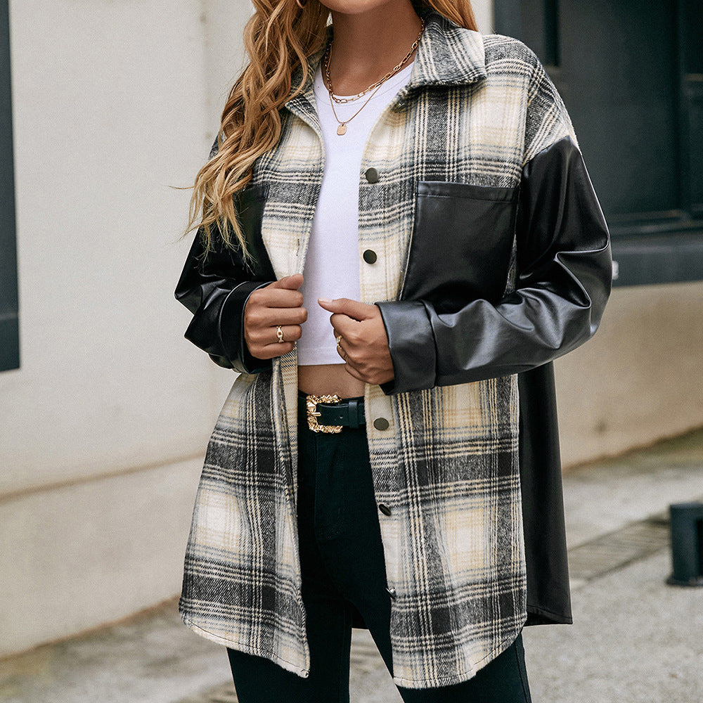 Damen Overshirt mit Kunstleder-Ärmeln und Karomuster EB