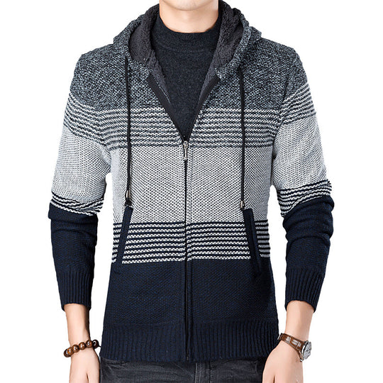 Herren Strickjacke mit Kapuze und modernen Blockstreifen EB
