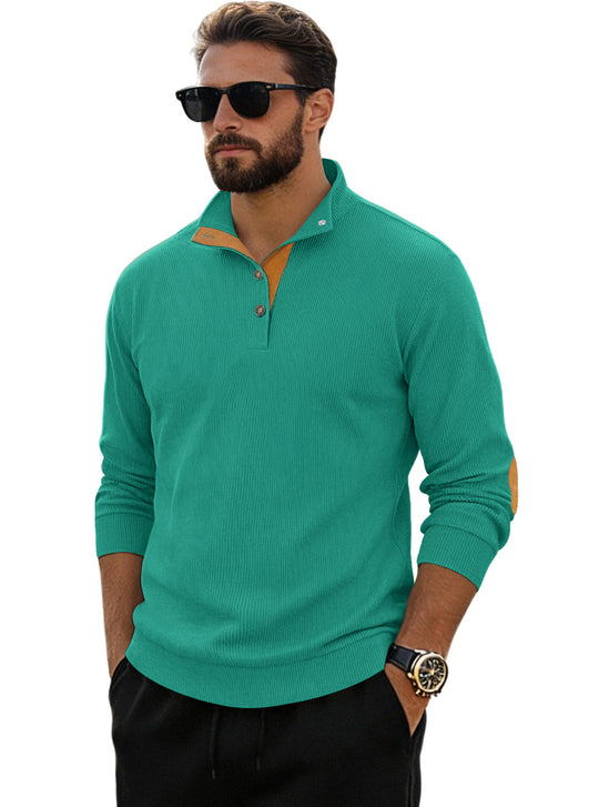 Herren nan fein gerippter Strickpullover mit Polokragen Knopfleiste und Ellenbogenbesatz EB