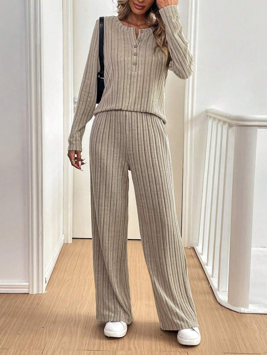 Damen Lässiges Lounge-Set mit strukturiertem Rippenmuster und Knopfdetail EB
