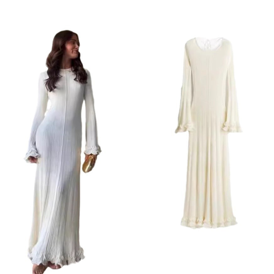 Damen Elegantes Strickkleid mit Rüschendetails und langen Ärmeln EB