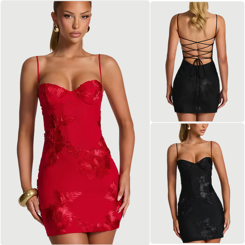 Damen Bodycon Minikleid mit floralem Spitzenbesatz und trägerlosem Design EB